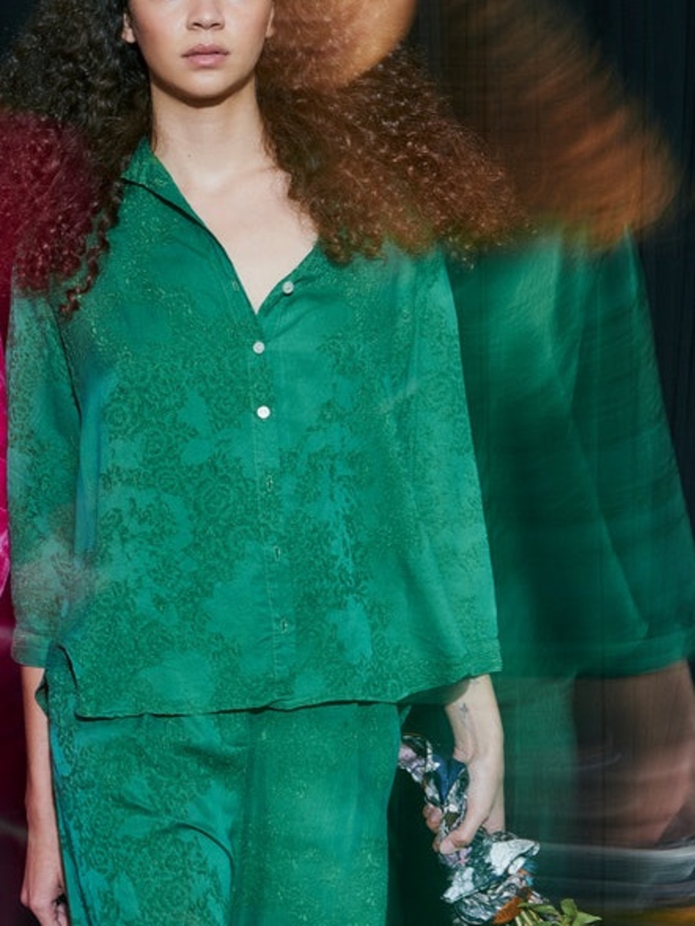 Raquel Allegra Green Satin silky Button-Up blouse
